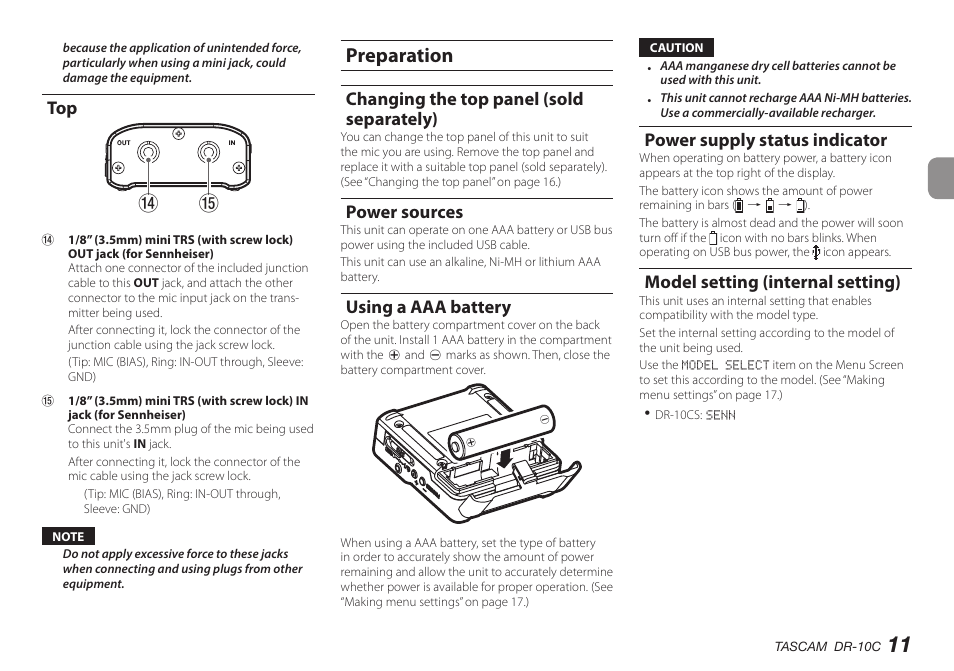 Preparation, Changing the top panel (sold separately), Power sources | Using a aaa battery, Power supply status indicator, Model setting (internal setting), Tr u y | Teac DR-10C User Manual | Page 11 / 148