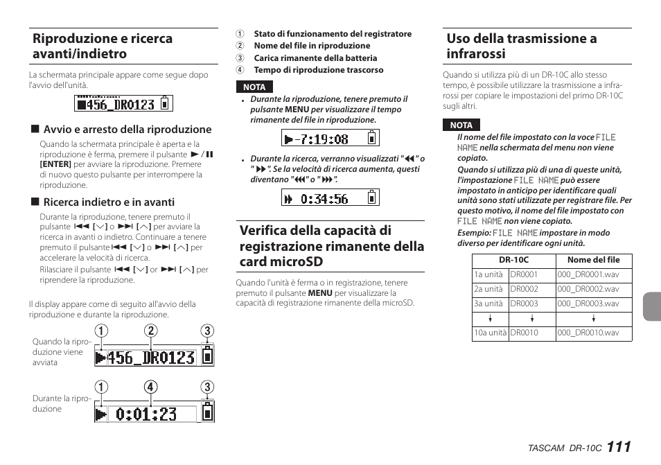 Riproduzione e ricerca avanti/indietro, Uso della trasmissione a infrarossi | Teac DR-10C User Manual | Page 111 / 148