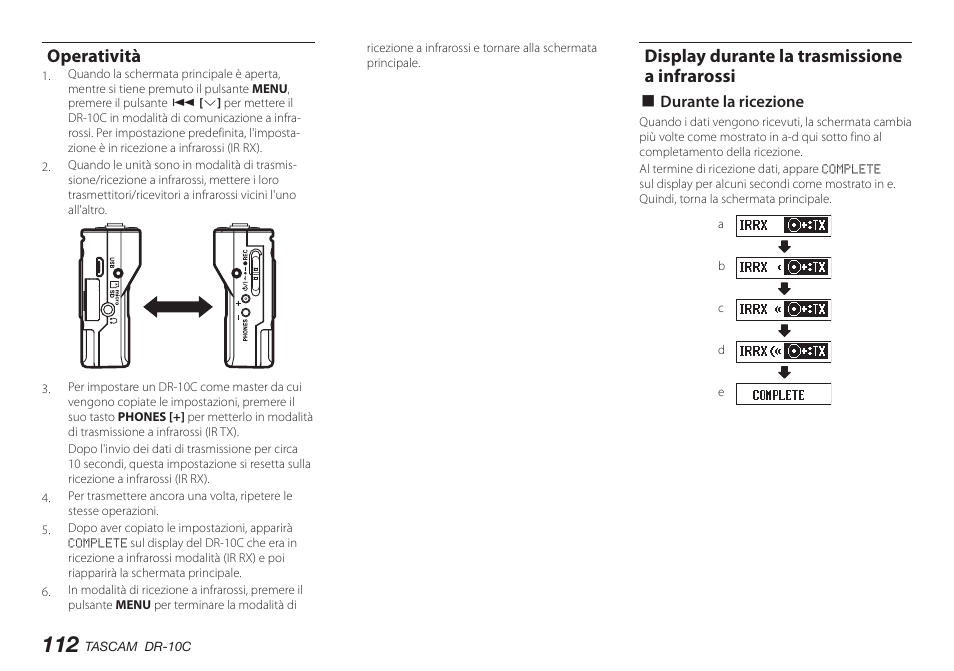 Operatività, Display durante la trasmissione a infrarossi | Teac DR-10C User Manual | Page 112 / 148