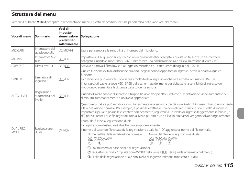 Struttura del menu | Teac DR-10C User Manual | Page 115 / 148