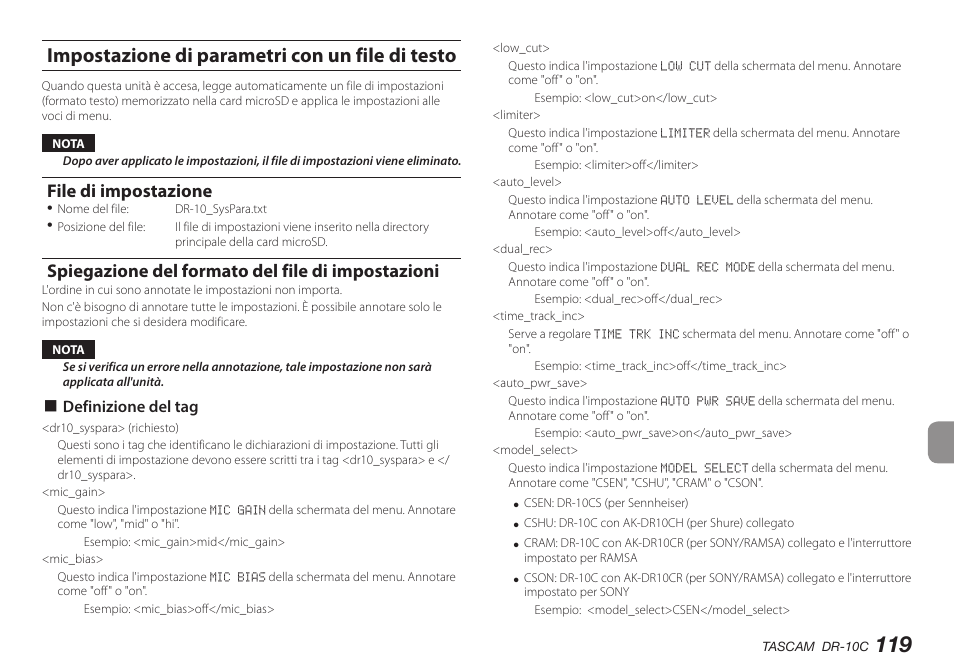 Impostazione di parametri con un file di testo, File di impostazione, Spiegazione del formato del file di impostazioni | 8 definizione del tag | Teac DR-10C User Manual | Page 119 / 148