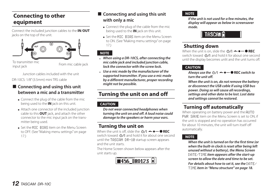 Connecting to other equipment, Turning the unit on and off, Turning the unit on | Shutting down, Turning off automatically | Teac DR-10C User Manual | Page 12 / 148