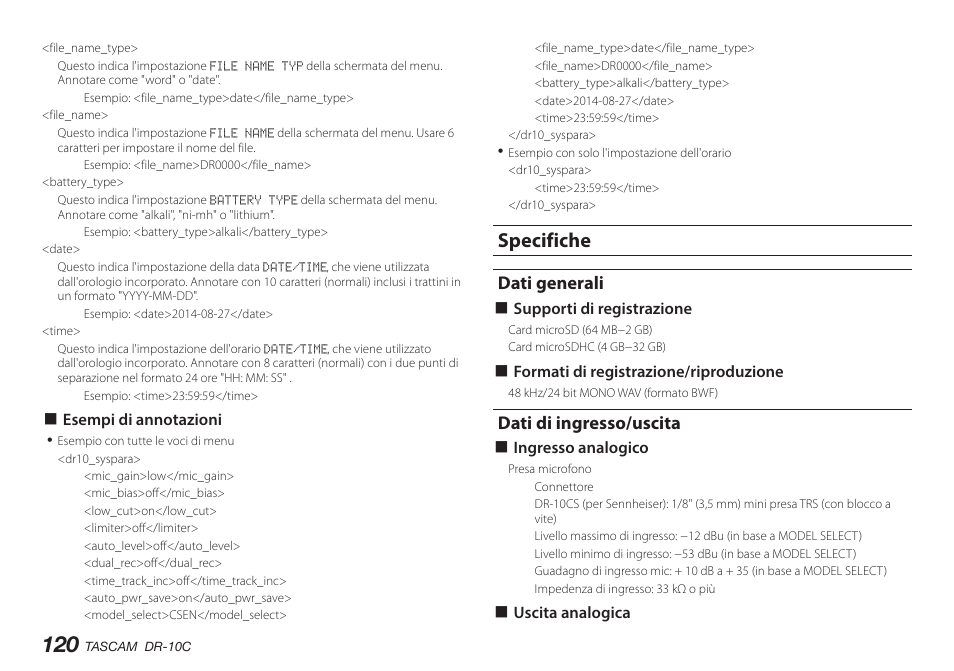 Specifiche, Dati generali, Dati di ingresso/uscita | Teac DR-10C User Manual | Page 120 / 148