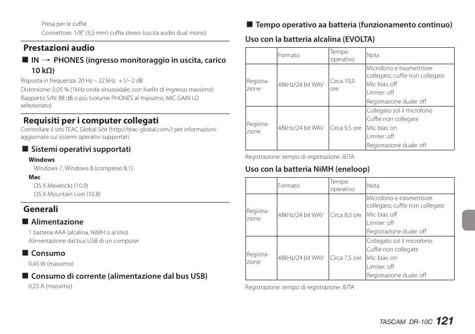 Prestazioni audio, Requisiti per i computer collegati, Generali | Teac DR-10C User Manual | Page 121 / 148