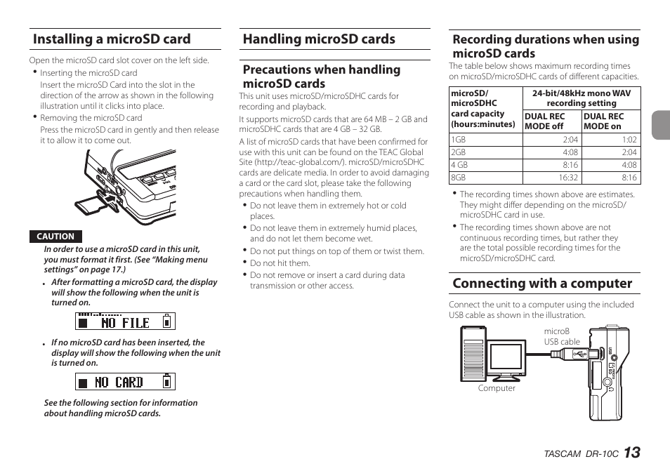 Installing a microsd card, Handling microsd cards, Precautions when handling microsd cards | Recording durations when using microsd cards, Connecting with a computer, Installing a microsd card handling microsd cards | Teac DR-10C User Manual | Page 13 / 148