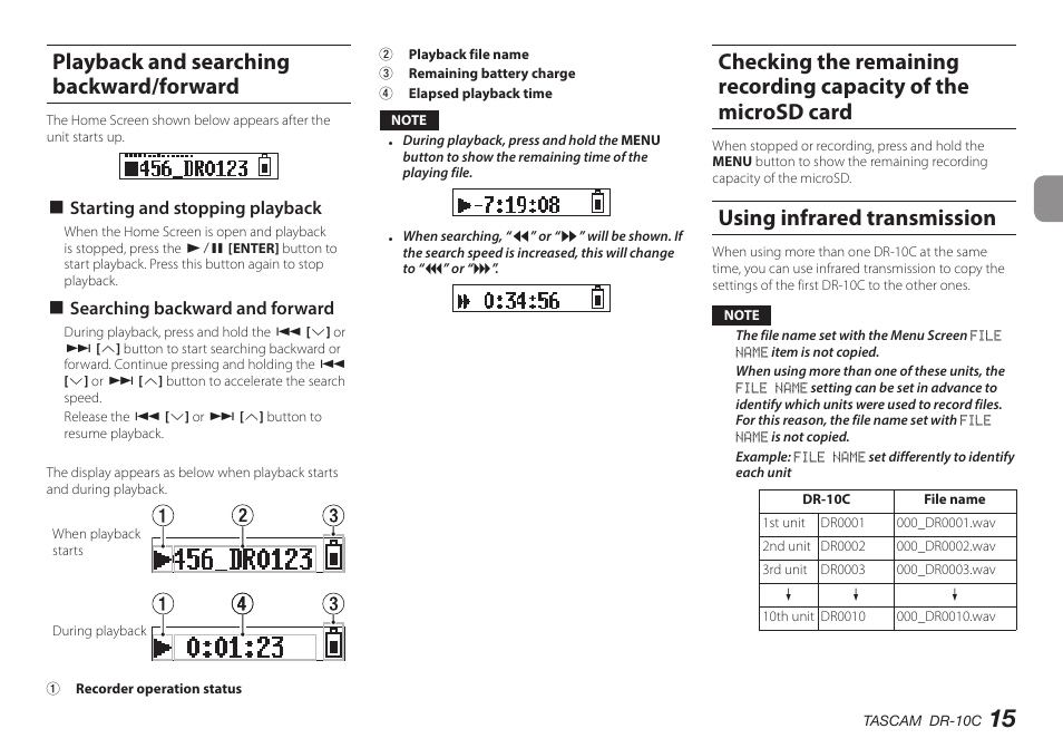 Playback and searching backward/forward, Using infrared transmission | Teac DR-10C User Manual | Page 15 / 148