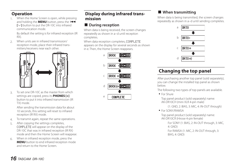 Operation, Display during infrared transmission, Changing the top panel | Display during infrared trans- mission | Teac DR-10C User Manual | Page 16 / 148