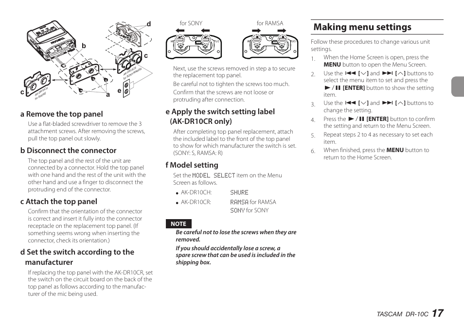 Making menu settings, Ee “making, A remove the top panel | B disconnect the connector, C attach the top panel, D set the switch according to the manufacturer, E apply the switch setting label (ak-dr10cr only), F model setting | Teac DR-10C User Manual | Page 17 / 148