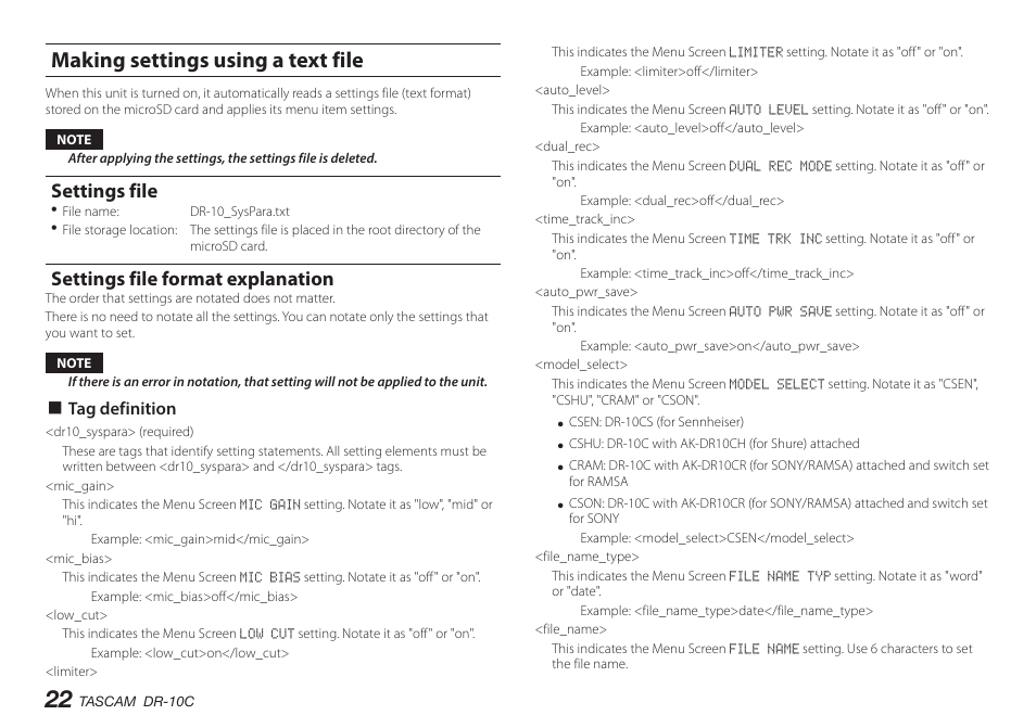Making settings using a text file, Settings file, Settings file format explanation | 8 tag definition | Teac DR-10C User Manual | Page 22 / 148