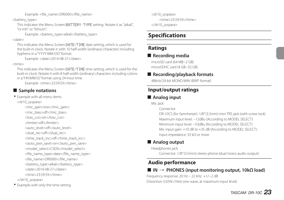 Specifications, Ratings, Input/output ratings | Audio performance | Teac DR-10C User Manual | Page 23 / 148