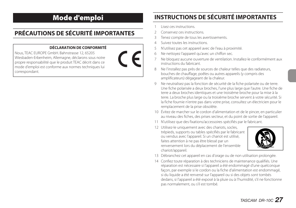 Français, Mode d'emploi, Précautions de sécurité importantes | Instructions de sécurité importantes | Teac DR-10C User Manual | Page 27 / 148