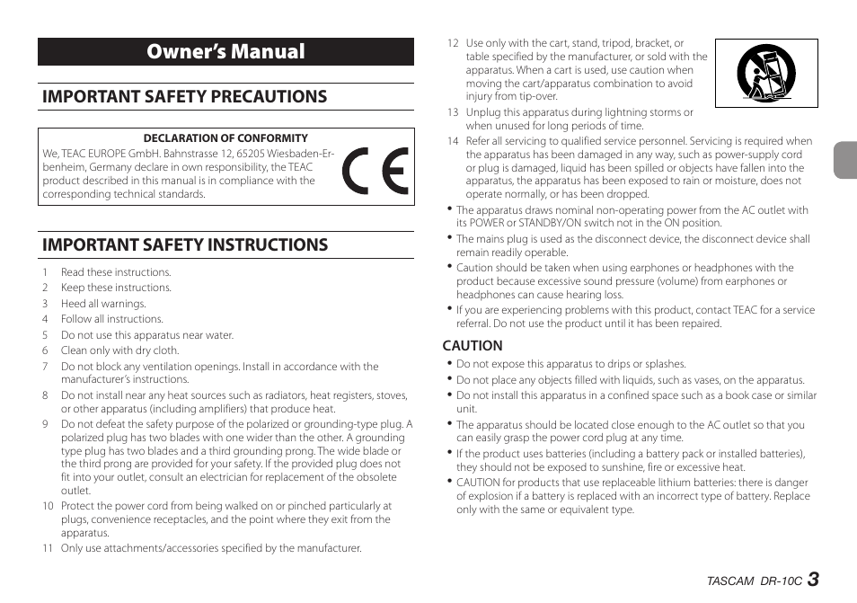 English, Owner’s manual, Important safety precautions | Important safety instructions | Teac DR-10C User Manual | Page 3 / 148