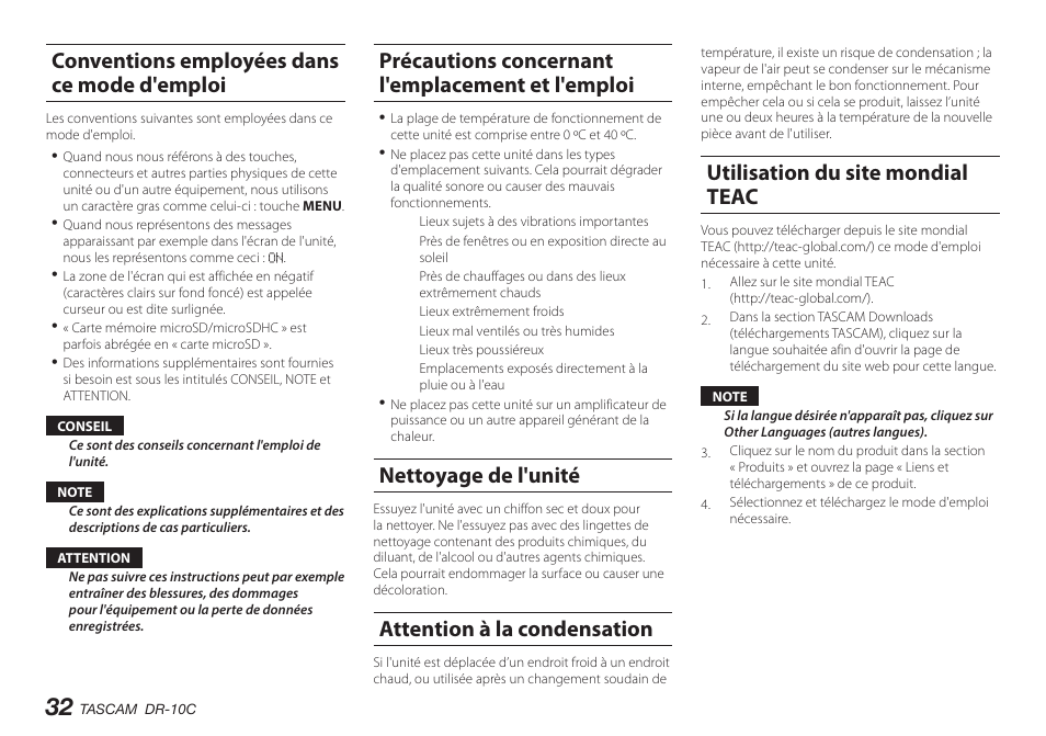 Conventions employées dans ce mode d'emploi, Précautions concernant l'emplacement et l'emploi, Nettoyage de l'unité | Attention à la condensation, Utilisation du site mondial teac, Enregistrement de l'utilisateur | Teac DR-10C User Manual | Page 32 / 148