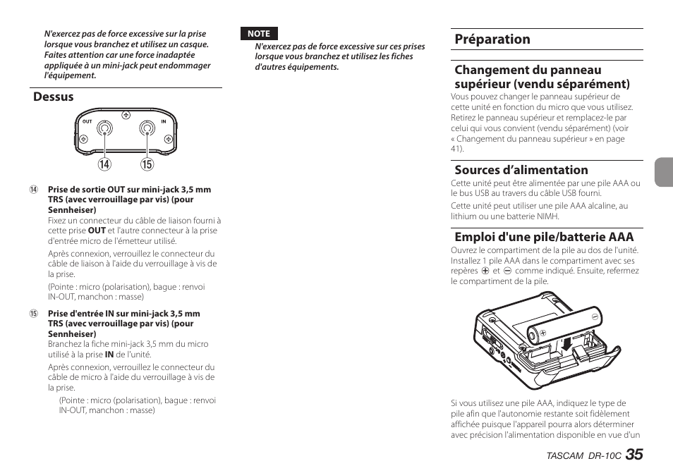 Dessus, Préparation, Changement du panneau supérieur (vendu séparément) | Sources d’alimentation, Emploi d'une pile/batterie aaa, Tr u y | Teac DR-10C User Manual | Page 35 / 148