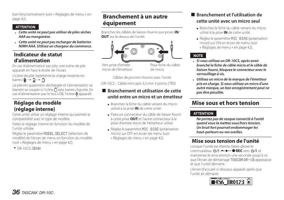 Indicateur de statut d'alimentation, Réglage du modèle (réglage interne), Branchement à un autre équipement | Mise sous et hors tension, Mise sous tension de l'unité | Teac DR-10C User Manual | Page 36 / 148