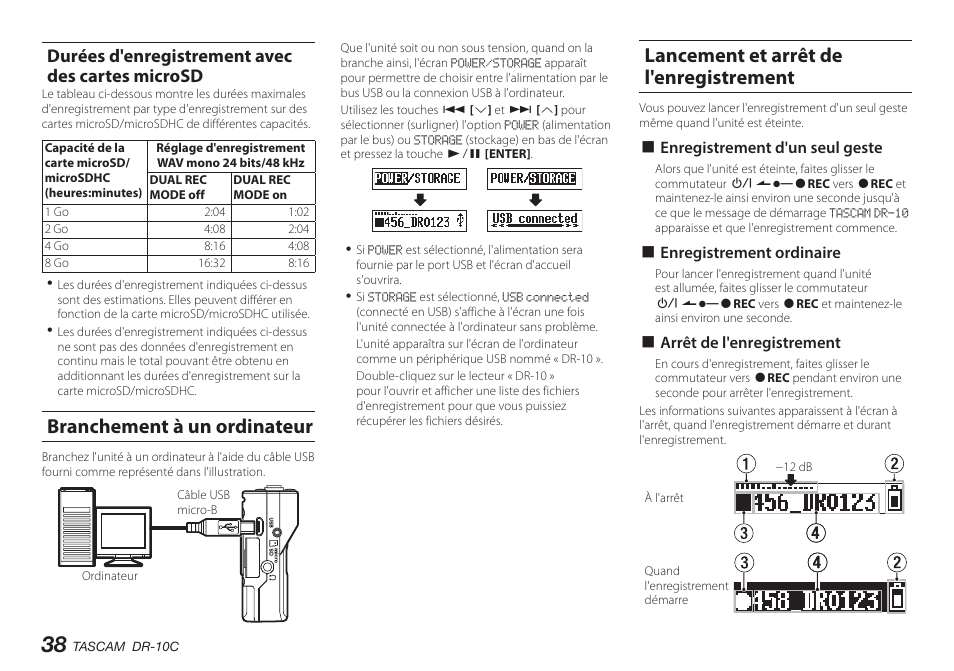 Durées d'enregistrement avec des cartes microsd, Branchement à un ordinateur, Lancement et arrêt de l'enregistrement | Teac DR-10C User Manual | Page 38 / 148