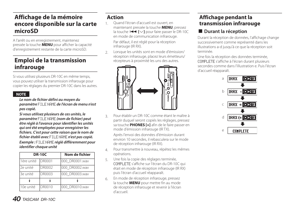 Emploi de la transmission infrarouge, Action, Affichage pendant la transmission infrarouge | Teac DR-10C User Manual | Page 40 / 148