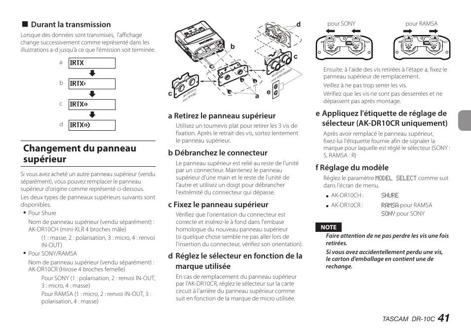 Changement du panneau supérieur | Teac DR-10C User Manual | Page 41 / 148