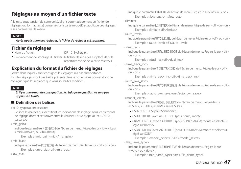 Réglages au moyen d'un fichier texte, Fichier de réglages, Explication du format du fichier de réglages | 8 définition des balises | Teac DR-10C User Manual | Page 47 / 148