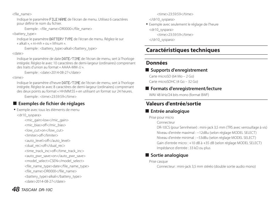 Caractéristiques techniques, Données, Valeurs d'entrée/sortie | Teac DR-10C User Manual | Page 48 / 148