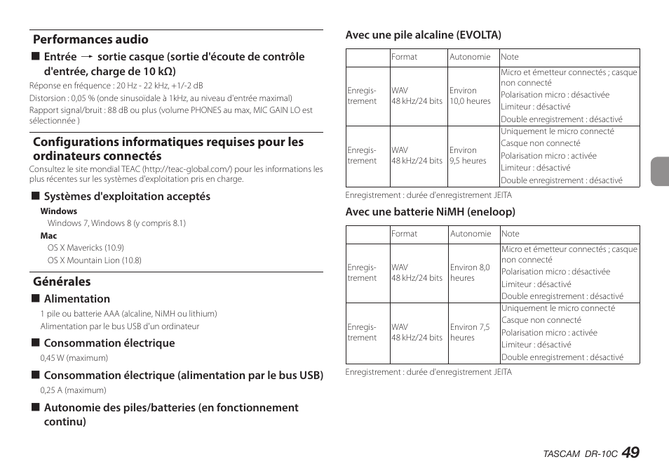 Performances audio, Générales | Teac DR-10C User Manual | Page 49 / 148