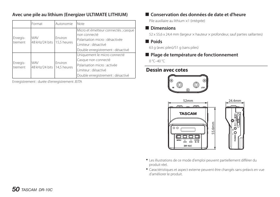 Dessin avec cotes | Teac DR-10C User Manual | Page 50 / 148