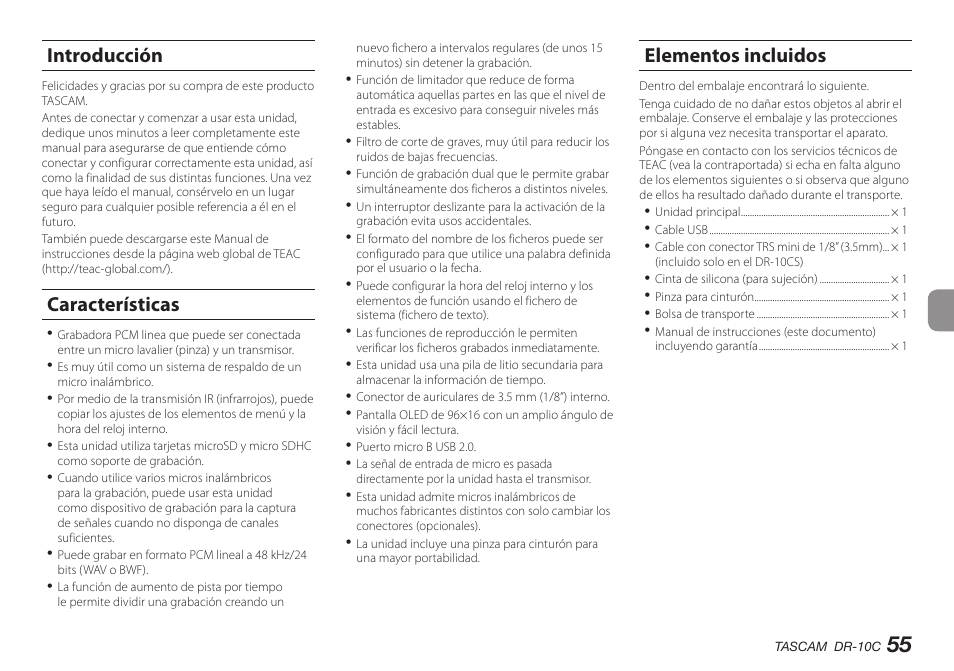 Introducción, Características, Elementos incluidos | Introducción características elementos incluidos | Teac DR-10C User Manual | Page 55 / 148