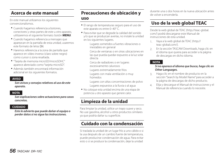 Acerca de este manual, Precauciones de ubicación y uso, Limpieza de la unidad | Cuidado con la condensación, Uso de la web global teac, Registro de usuario | Teac DR-10C User Manual | Page 56 / 148