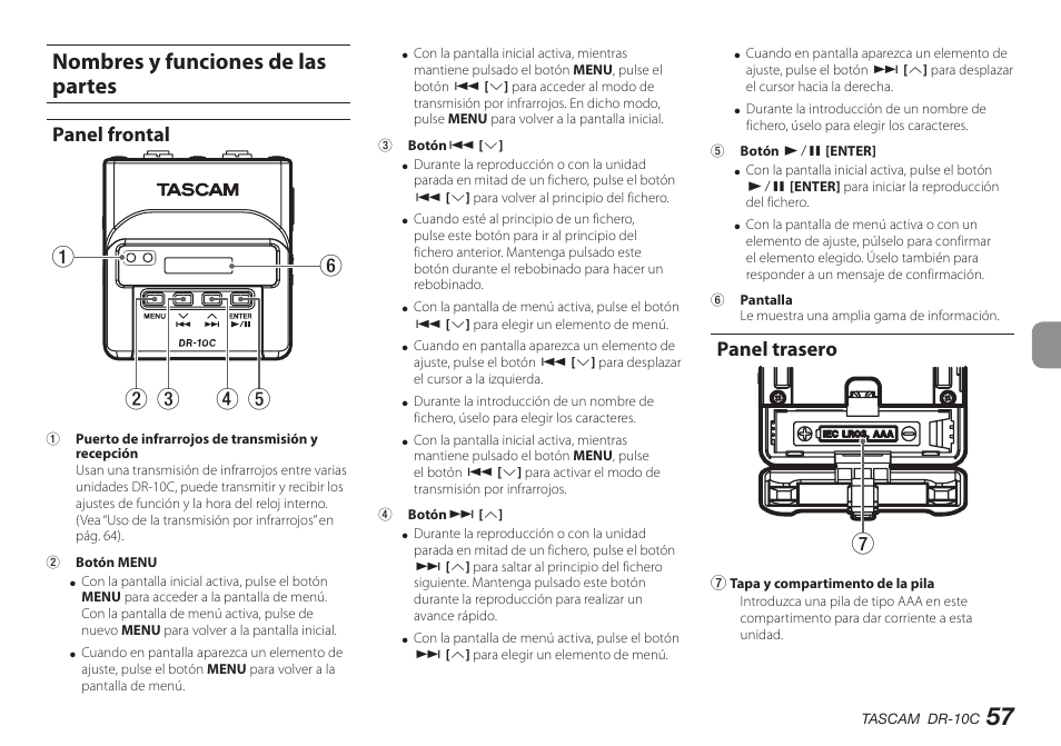 Nombres y funciones de las partes, Panel frontal, Panel trasero | Teac DR-10C User Manual | Page 57 / 148