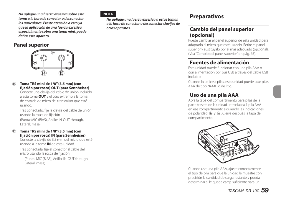 Panel superior, Preparativos, Cambio del panel superior (opcional) | Fuentes de alimentación, Uso de una pila aaa, Tr u y | Teac DR-10C User Manual | Page 59 / 148