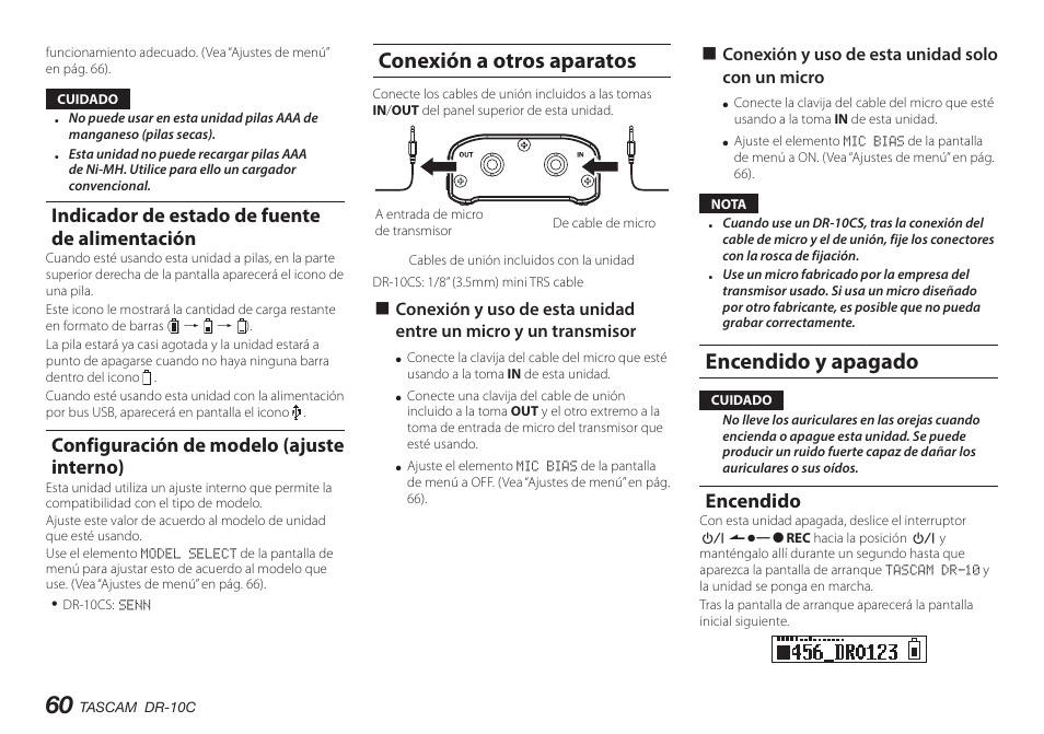 Indicador de estado de fuente de alimentación, Configuración de modelo (ajuste interno), Conexión a otros aparatos | Encendido y apagado, Encendido | Teac DR-10C User Manual | Page 60 / 148