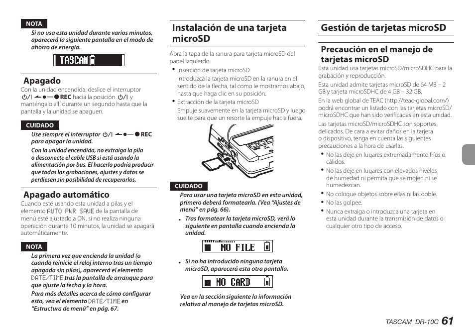 Encendido y apagado, Encendido, Apagado | Apagado automático, Instalación de una tarjeta microsd, Gestión de tarjetas microsd, Precaución en el manejo de tarjetas microsd | Teac DR-10C User Manual | Page 61 / 148