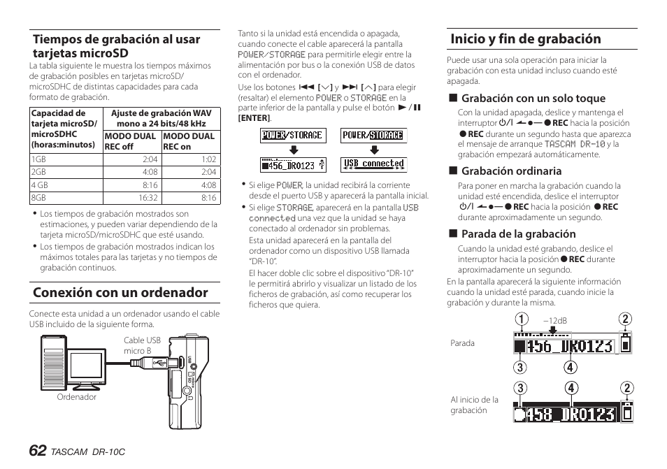 Gestión de tarjetas microsd, Precaución en el manejo de tarjetas microsd, Tiempos de grabación al usar tarjetas microsd | Conexión con un ordenador, Inicio y fin de grabación | Teac DR-10C User Manual | Page 62 / 148