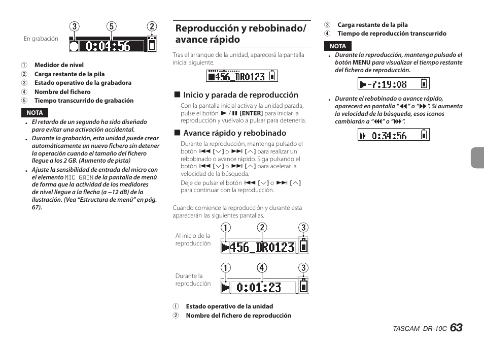 Inicio y fin de grabación, Reproducción y rebobinado/avance rápido, Reproducción y rebobinado/ avance rápido | Teac DR-10C User Manual | Page 63 / 148