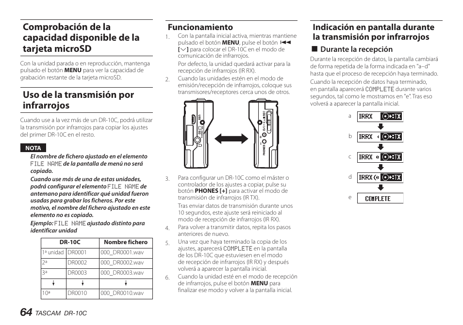 Uso de la transmisión por infrarrojos, Funcionamiento | Teac DR-10C User Manual | Page 64 / 148