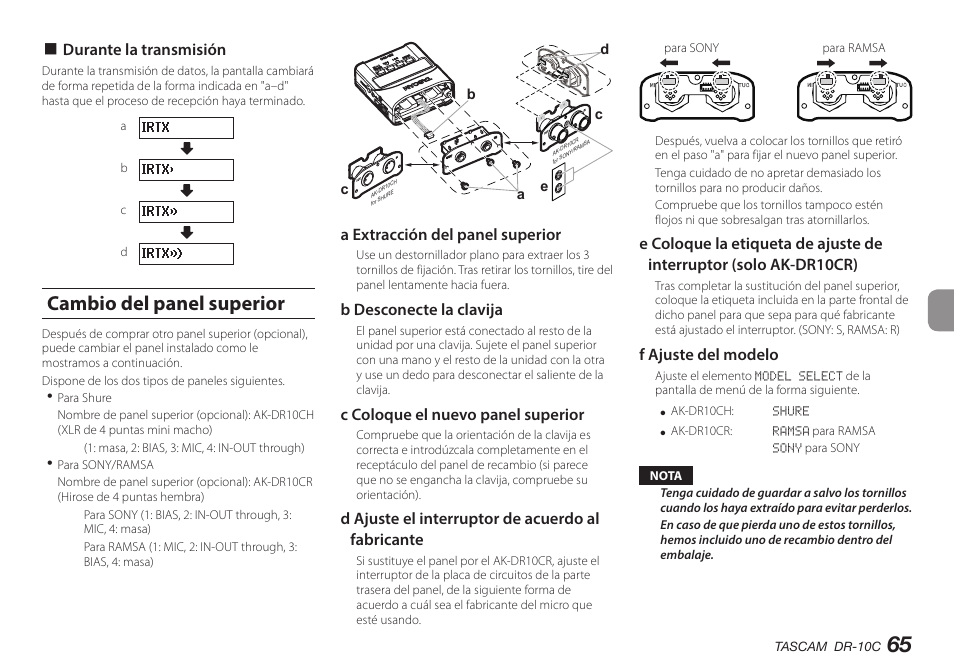 Cambio del panel superior | Teac DR-10C User Manual | Page 65 / 148