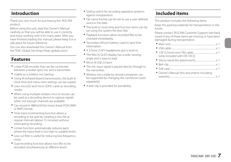Introduction, Features, Included items | Introduction features included items | Teac DR-10C User Manual | Page 7 / 148