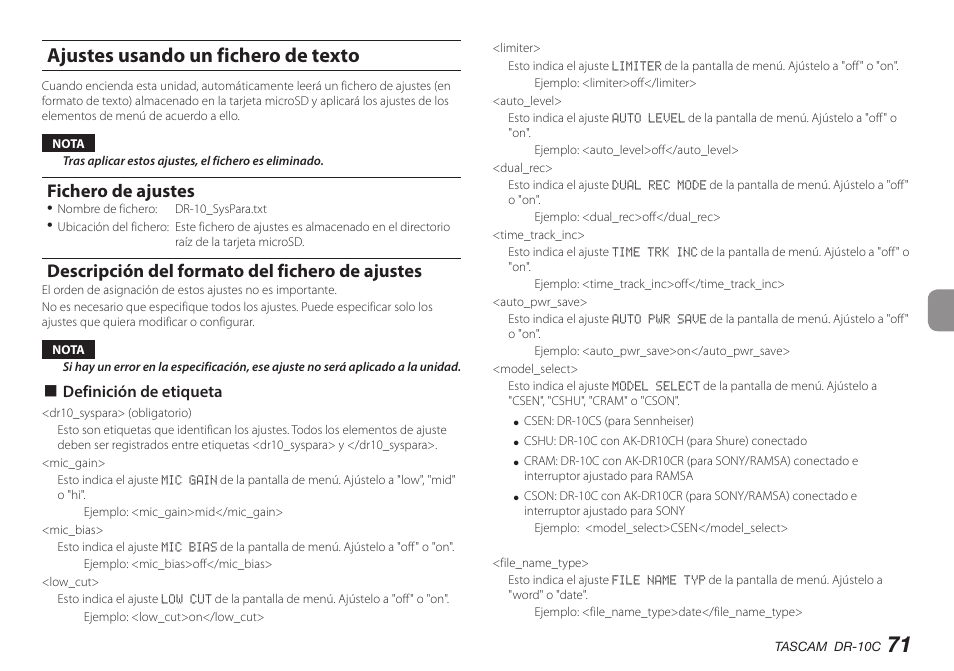 Ajustes usando un fichero de texto, Fichero de ajustes, Descripción del formato del fichero de ajustes | 8 definición de etiqueta | Teac DR-10C User Manual | Page 71 / 148