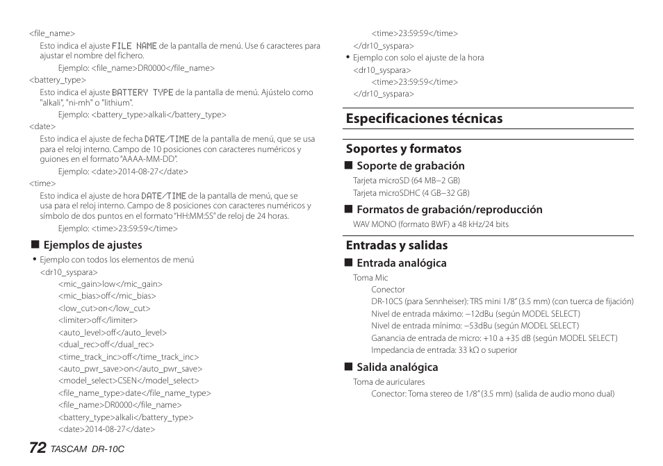 Especificaciones técnicas, Soportes y formatos, Entradas y salidas | Teac DR-10C User Manual | Page 72 / 148