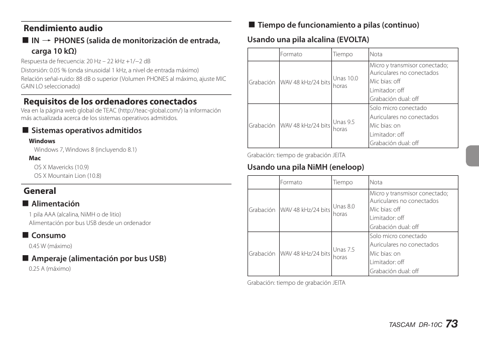 Rendimiento audio, Requisitos de los ordenadores conectados, General | Teac DR-10C User Manual | Page 73 / 148