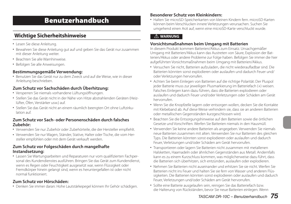 Deutsch, Wichtige sicherheitshinweise, Benutzerhandbuch | Teac DR-10C User Manual | Page 75 / 148