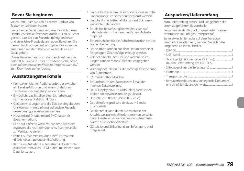 Bevor sie beginnen, Ausstattungsmerkmale, Auspacken/lieferumfang | Teac DR-10C User Manual | Page 79 / 148