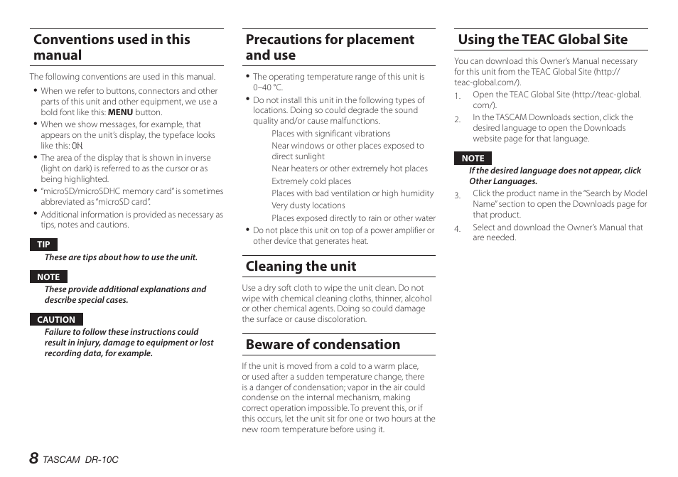 Conventions used in this manual, Precautions for placement and use, Cleaning the unit | Beware of condensation, Using the teac global site, User registration | Teac DR-10C User Manual | Page 8 / 148