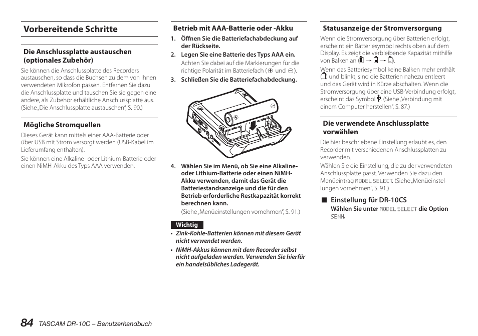 Vorbereitende schritte, Mögliche stromquellen, Betrieb mit aaa-batterie oder -akku | Statusanzeige der stromversorgung, Die verwendete anschlussplatte ­vorwählen, Die verwendete anschlussplatte vorwählen | Teac DR-10C User Manual | Page 84 / 148