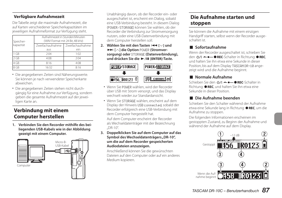 Eine microsd-karte einlegen, Verfügbare aufnahmezeit, Verbindung mit einem computer herstellen | Siehe „verbindung mit, Einem computer herstellen“, s. 87.), Die aufnahme starten und stoppen | Teac DR-10C User Manual | Page 87 / 148