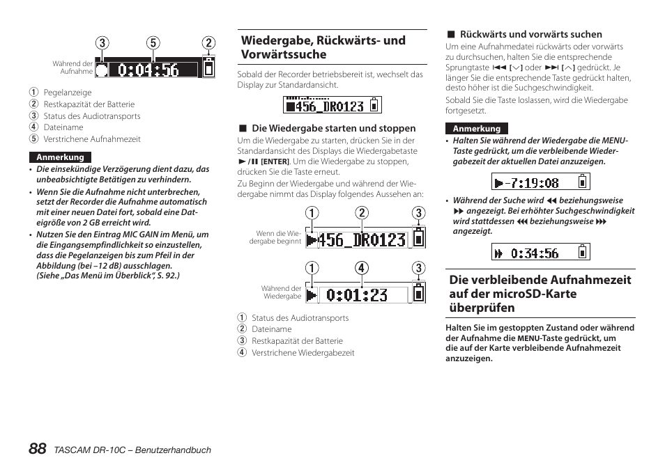 Die aufnahme starten und stoppen, Wiedergabe, rückwärts- und vorwärtssuche | Teac DR-10C User Manual | Page 88 / 148