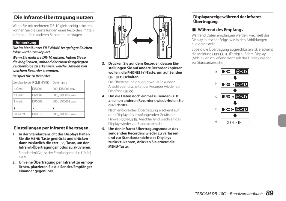 Die infrarot-übertragung nutzen, Einstellungen per infrarot übertragen | Teac DR-10C User Manual | Page 89 / 148