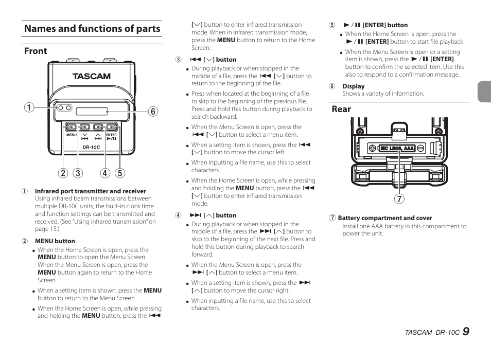 Names and functions of parts, Front, Rear | Teac DR-10C User Manual | Page 9 / 148