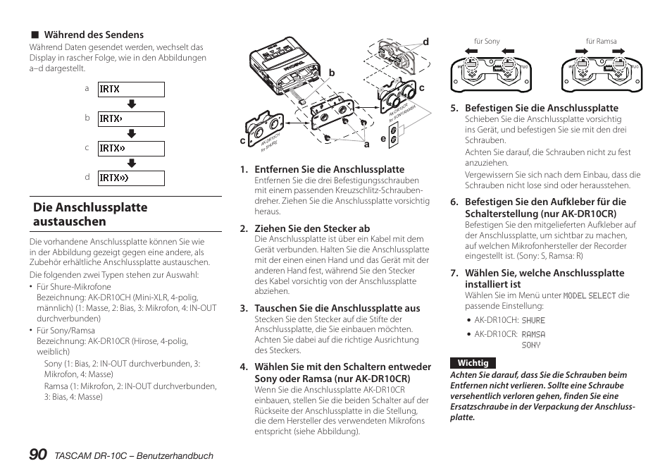 Displayanzeige während der infrarot-übertragung, Die anschlussplatte austauschen, Siehe „die anschlussplatte austauschen“, s. 90 | Teac DR-10C User Manual | Page 90 / 148