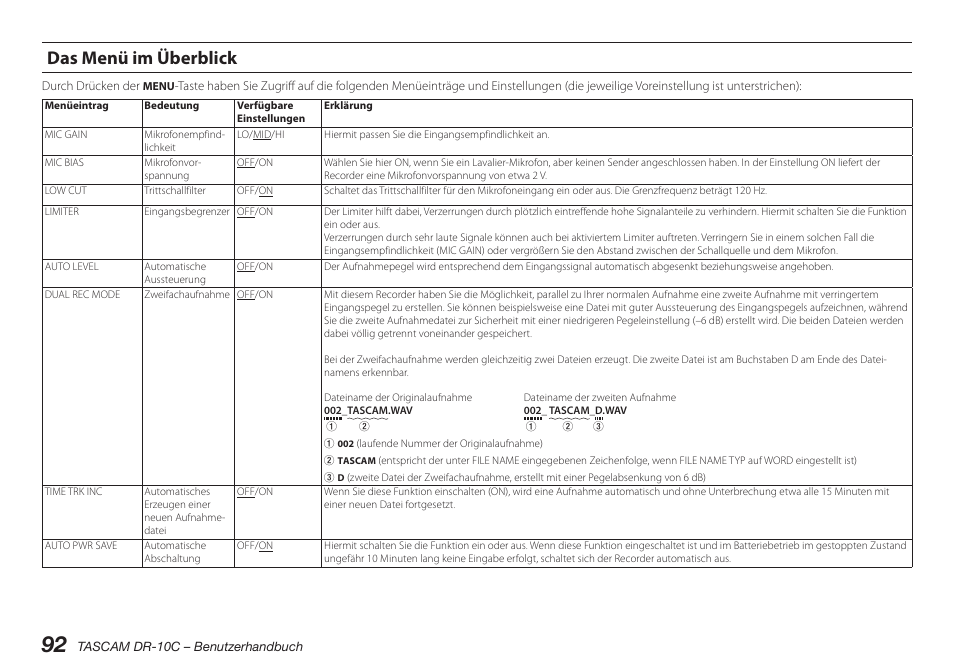 Das menü im überblick, Bschnitt „das menü im, Überblick“, s. 92 | Teac DR-10C User Manual | Page 92 / 148